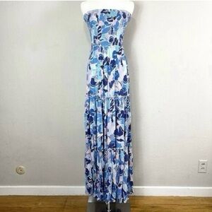 Abel the Label Blue Floral Smocked Strapless Maxi Dress Vacation Resort Boho
